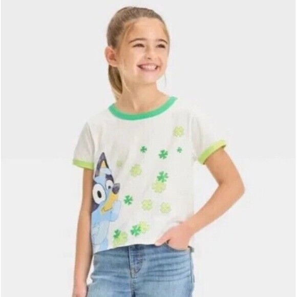 Disney Bluey Ringer White & Green Shamrock Short Sleeve Cropped T-shirt NEW! - Picture 2 of 8